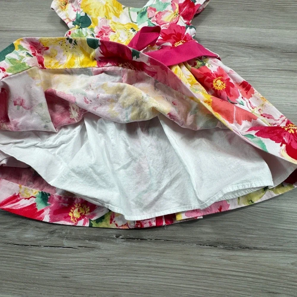 Ralph Lauren Baby Girls Floral Cotton Dress Pink Yellow 9 Months Ribbon Sash‎